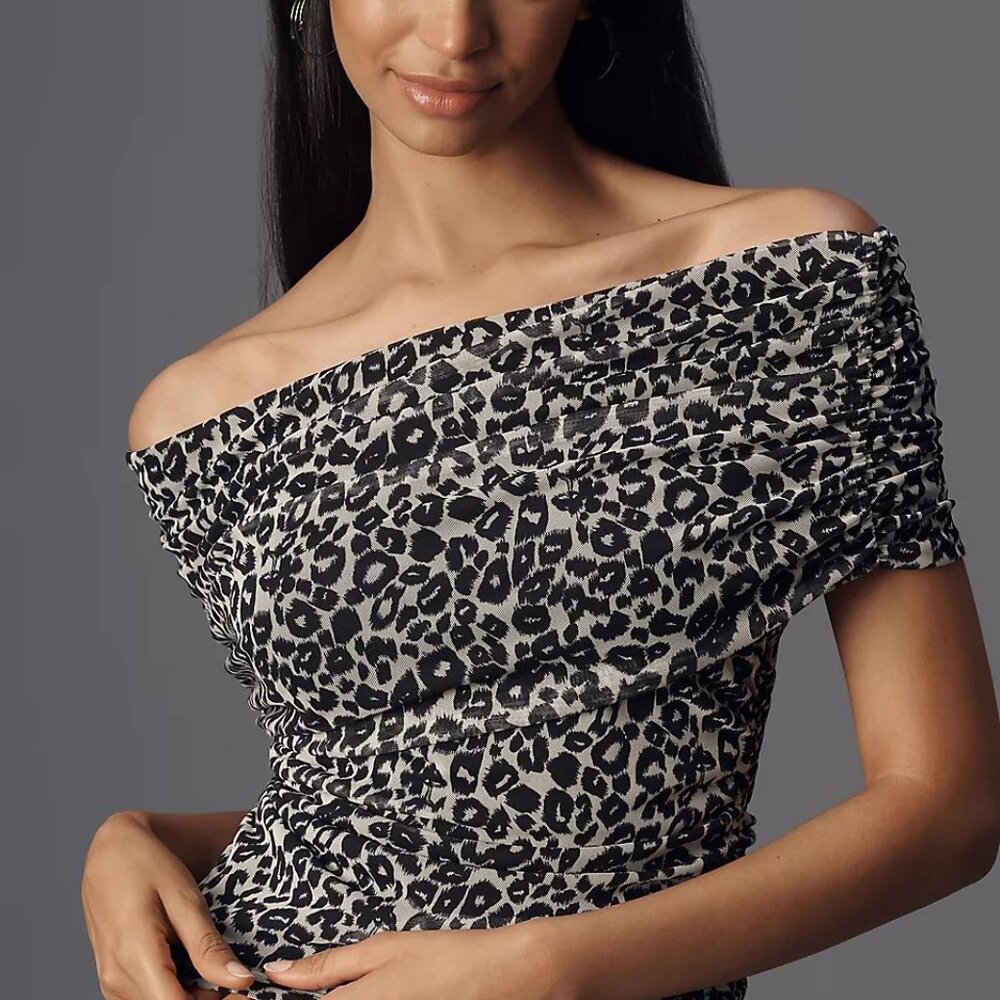 Maeve Off The Shoulder Mesh Top Black and Cream Leopard
